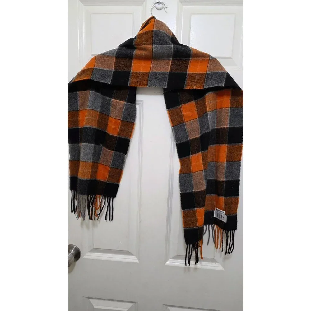 Nordstrom 100% Lambswool‎ Plaid Scarf Fringe Orange/Black/Gray Size 60 x16